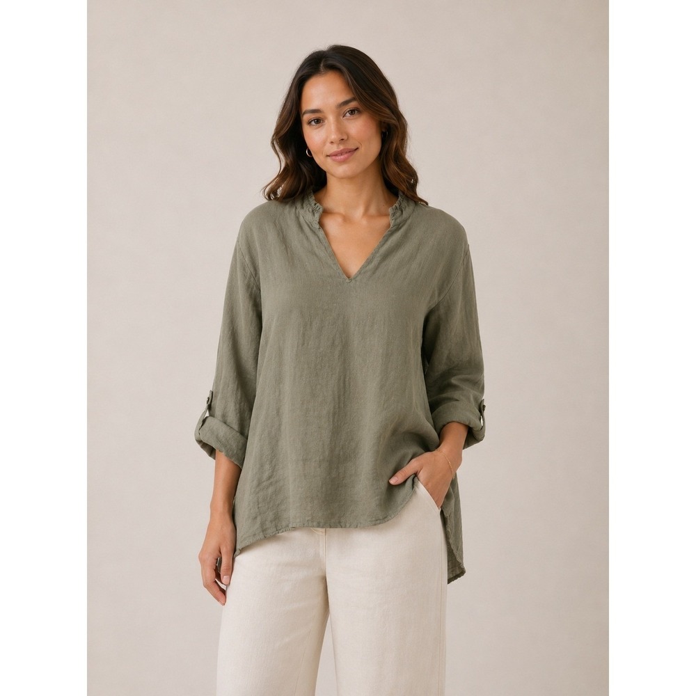 Rosemarine Italy Womens Large 100% Linen Ruffle‎ Neck Tunic Top Green Lagenlook